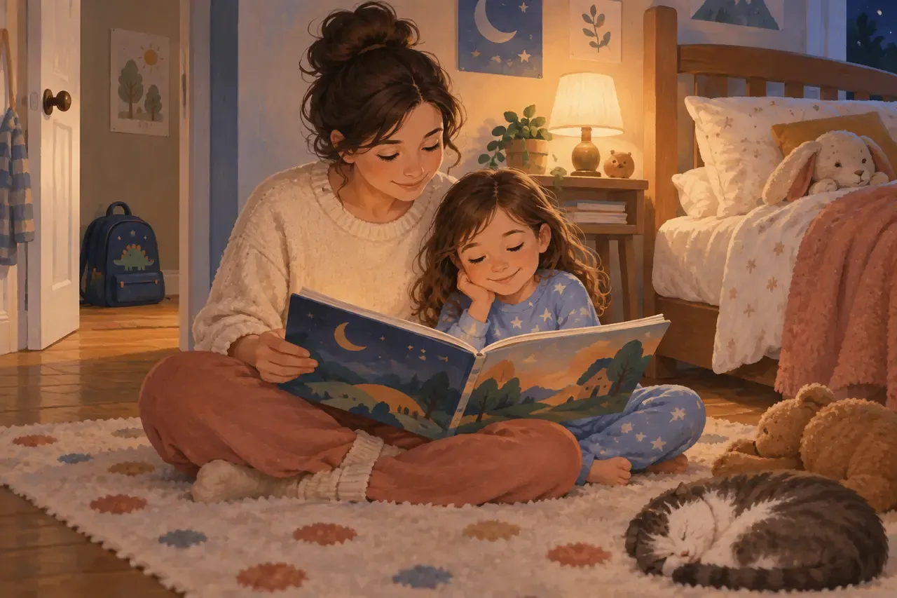 A parent and child share a picture book at bedtime, with a school backpack by the door.