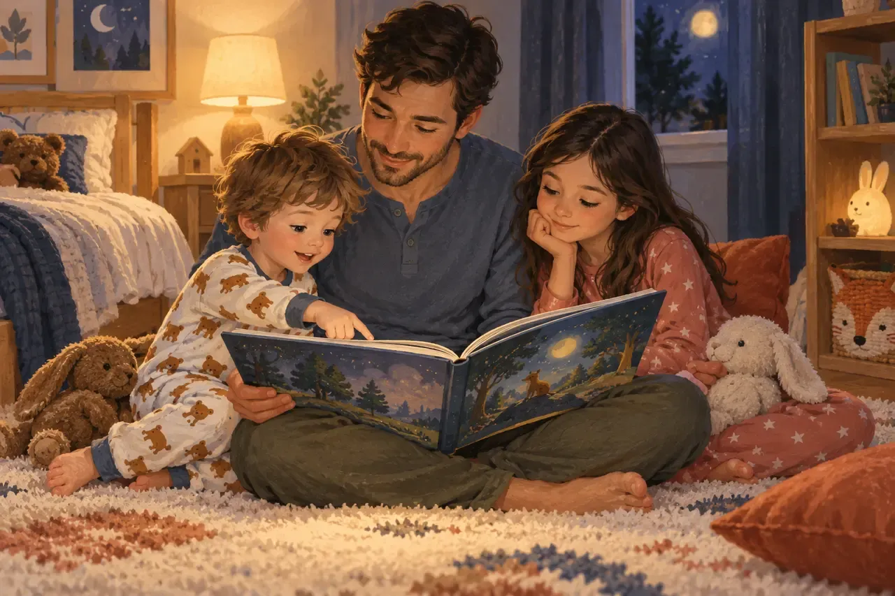 A father reads one picture book with two children of different ages at bedtime.