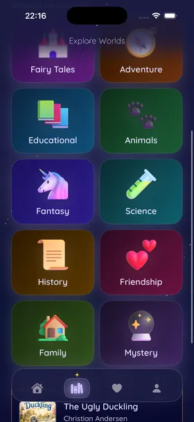 The TuneTales library on an iPhone, showing story categories: Fairy Tales, Adventure, Educational, Animals, Fantasy, Science, History, Friendship, Family and Mystery.