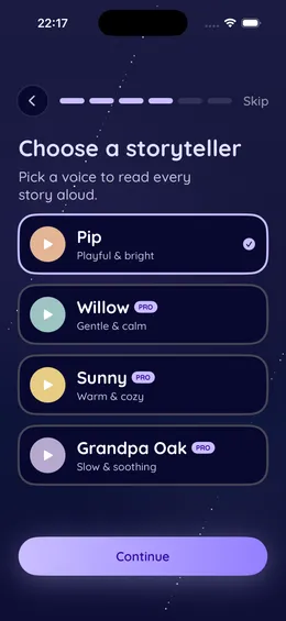 The storyteller picker in TuneTales, listing four voices: Pip, playful and bright; Willow, gentle and calm; Sunny, warm and cosy; and Grandpa Oak, slow and soothing.