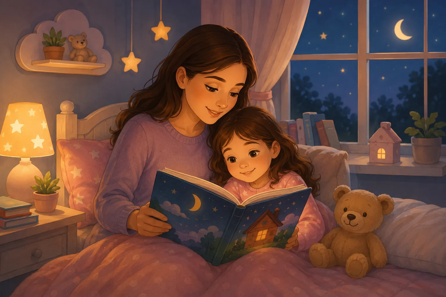 Parent and child reading a bedtime story together in a cozy bedroom