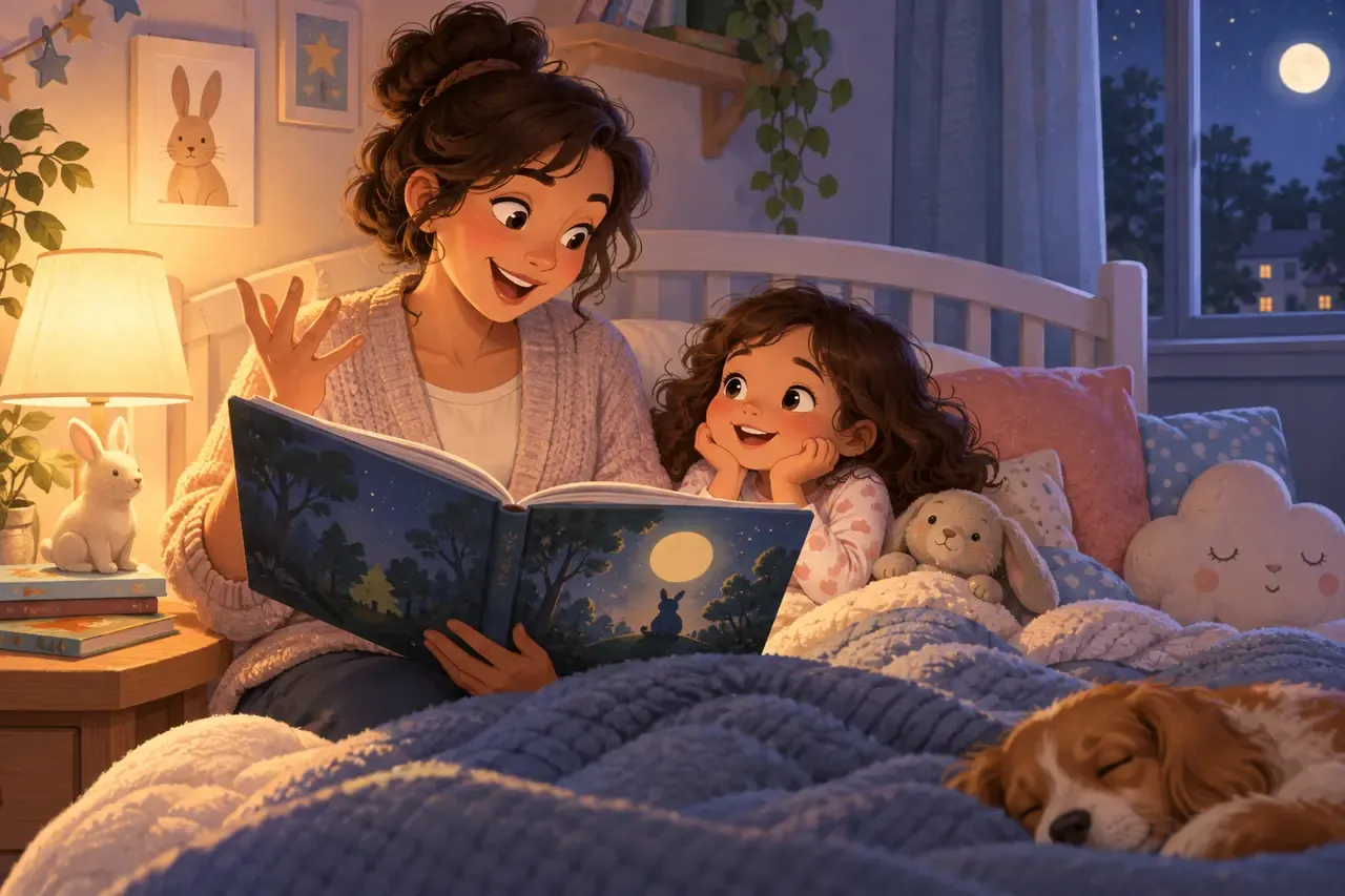 A parent reads expressively to a delighted child in a softly lit bedroom.