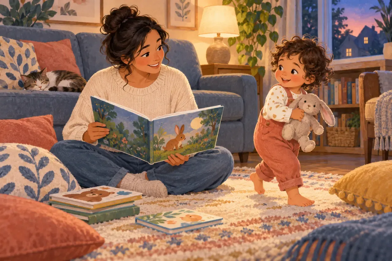 A parent reads aloud while an active toddler listens nearby holding a soft toy.