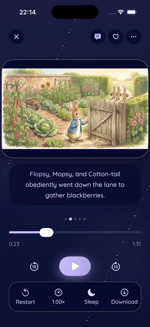 The TuneTales player on an iPhone. A watercolour of a rabbit at a garden gate sits above the sentence being narrated, with the word "Flopsy" picked out in lilac as the narrator speaks it.