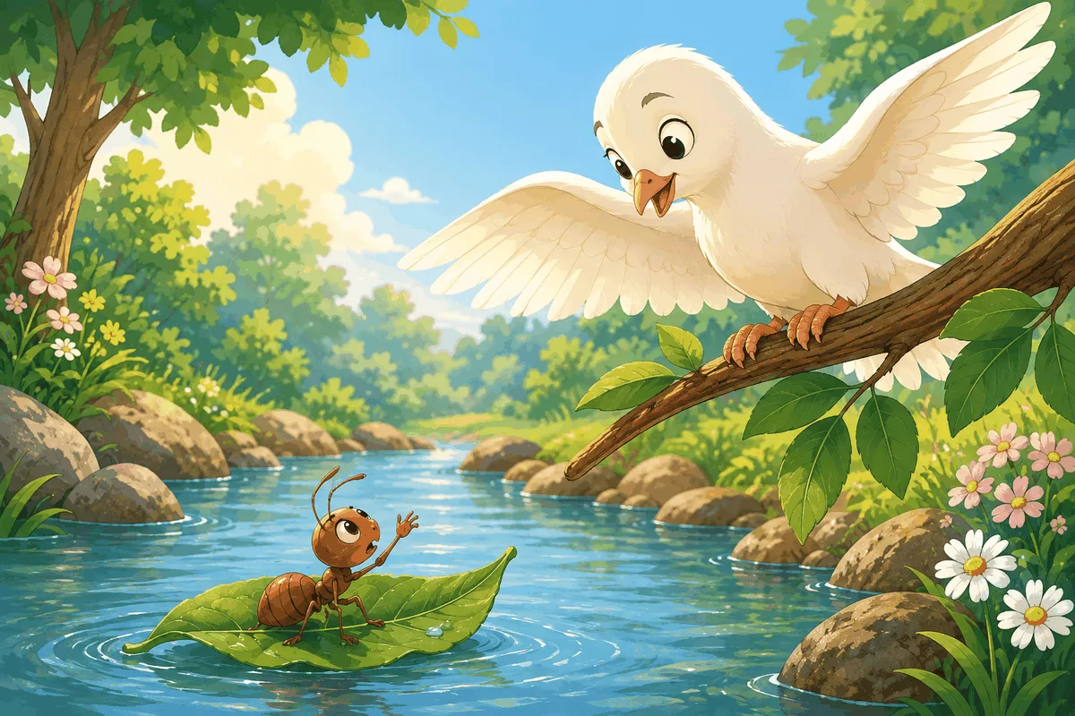 A white dove leans toward a small ant riding a green leaf on a sunny woodland stream.