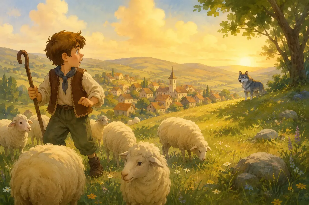 A young shepherd watches a gray wolf approach his sheep on a sunny hillside above a village.