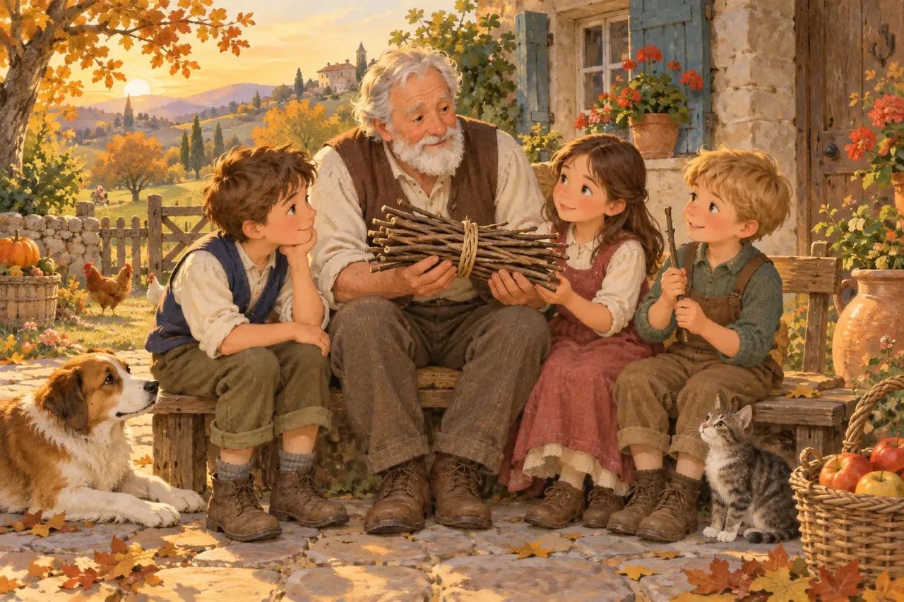 A father and three children hold a tied bundle of sticks together in a sunny farmyard.