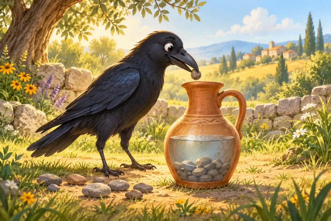 A crow drops a pebble into a clay pitcher to raise the water inside.
