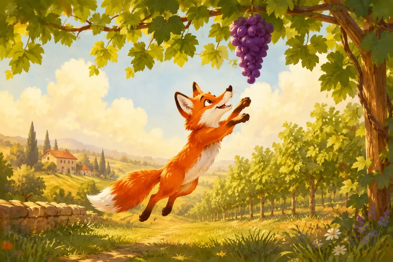 A red fox leaps toward a bunch of purple grapes hanging from a sunny vineyard vine.