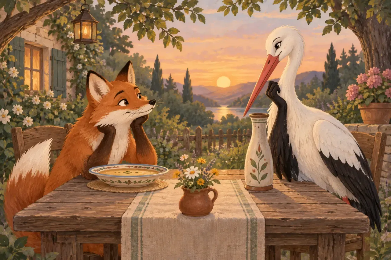 A red fox and a white stork sit at a garden table with a shallow dish and a tall jar.