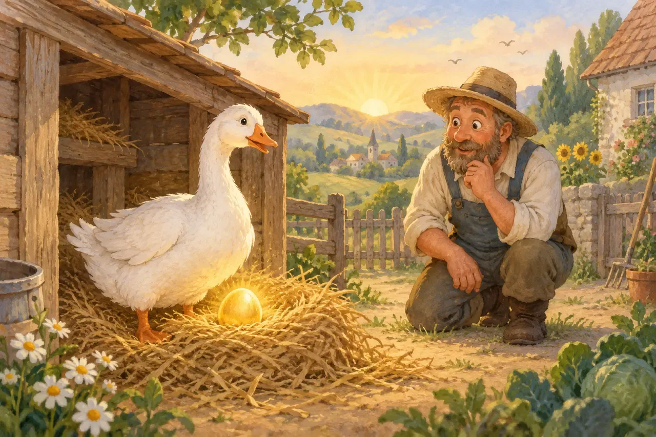 A white goose guards a glowing golden egg as a surprised farmer watches at sunrise.