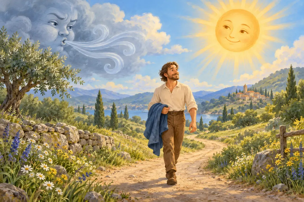 A traveler carries a blue cloak beneath a smiling sun and a watching wind cloud.