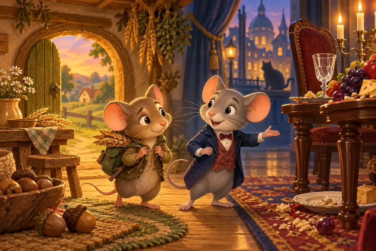 Two mouse cousins stand between a cozy country kitchen and an elegant town dining room.