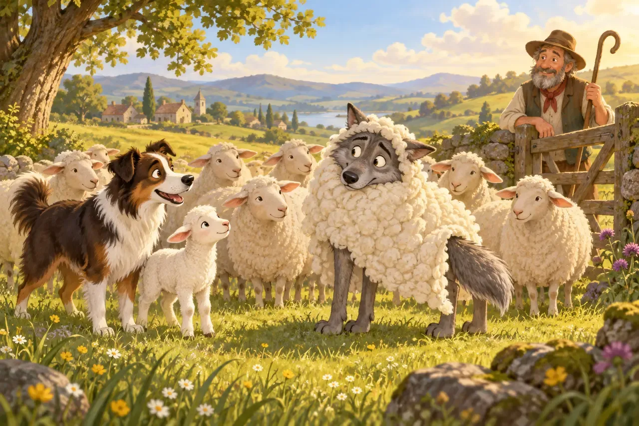 A sheepdog notices a gray wolf wearing a loose white fleece among a safe flock.