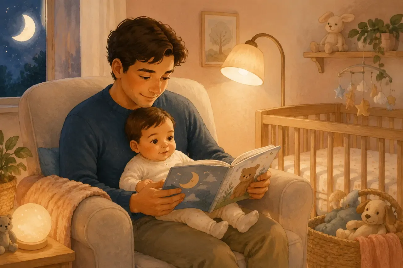 A parent reading a picture book with an alert baby in a softly lit nursery.