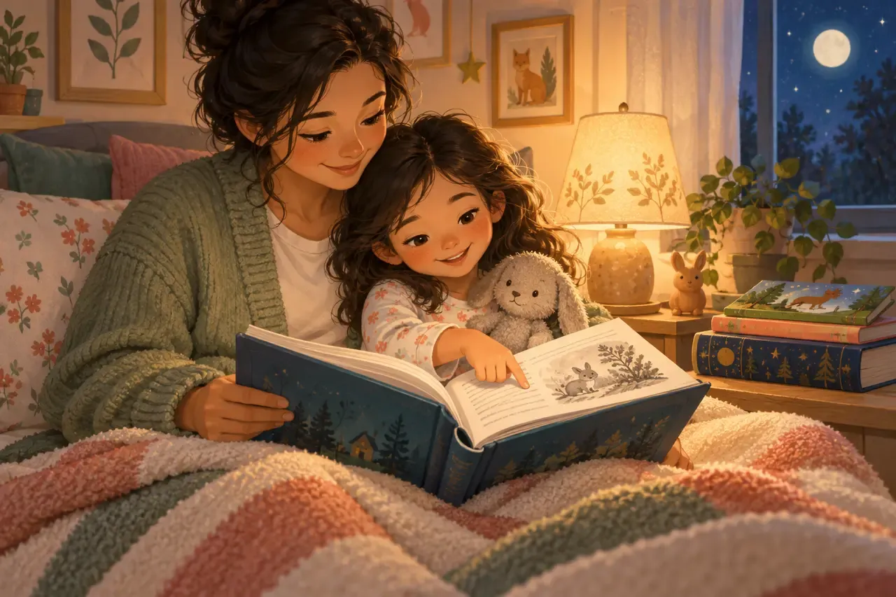 A parent and child begin an illustrated chapter book together at bedtime.