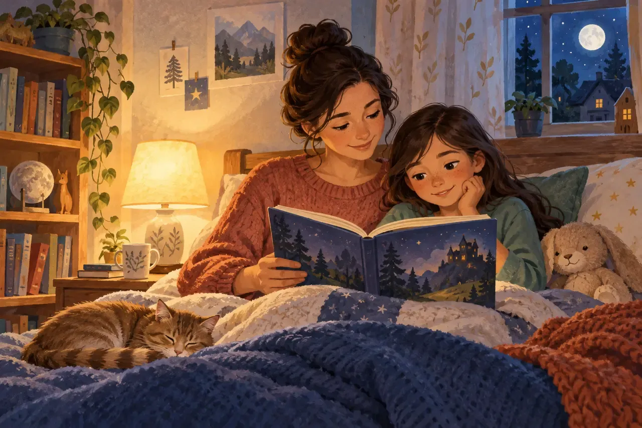 A parent and older child share a chapter book in a warmly lit bedroom at night.