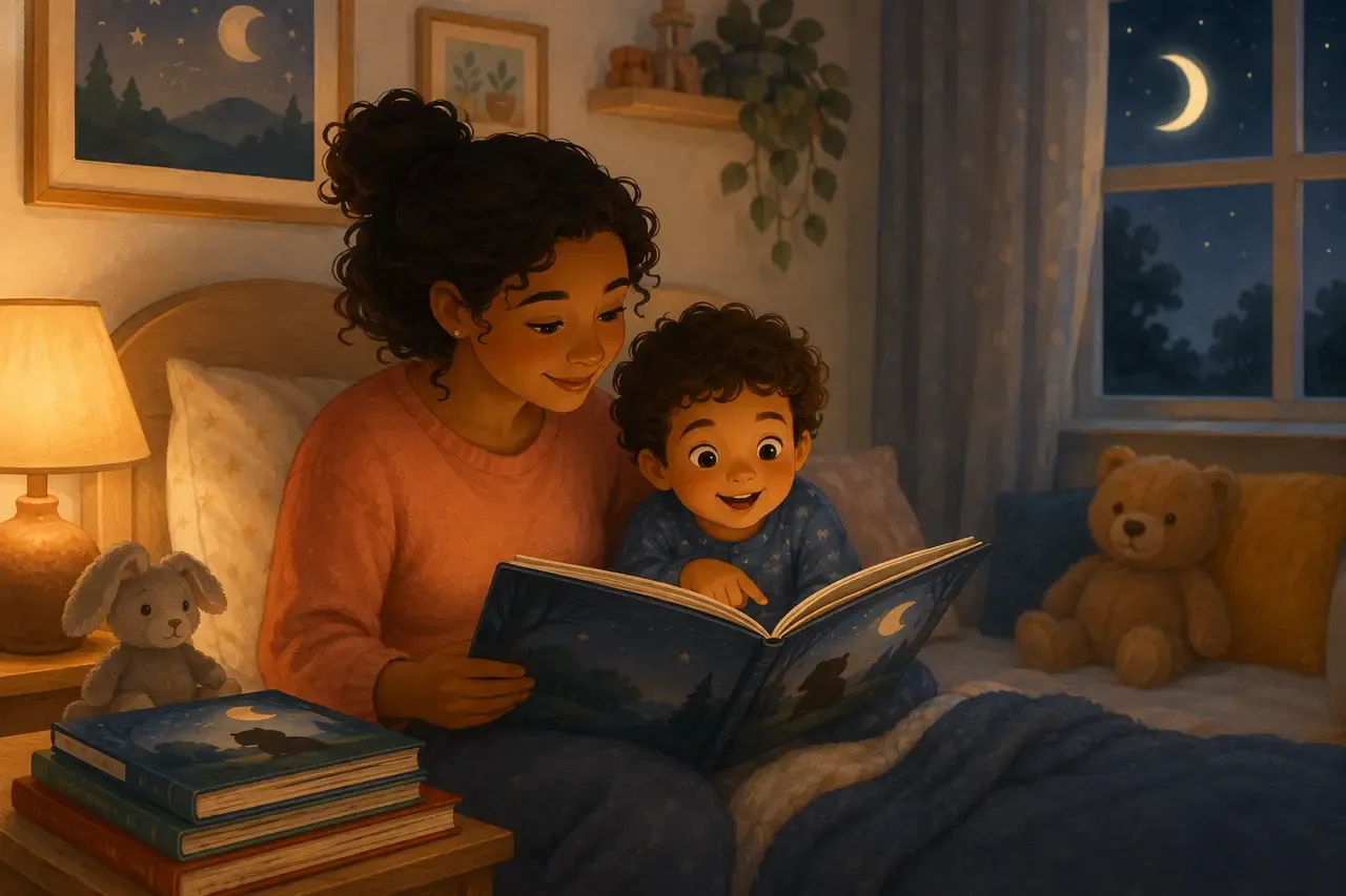 A parent and preschooler happily reread a favorite picture book in a softly lit bedroom.